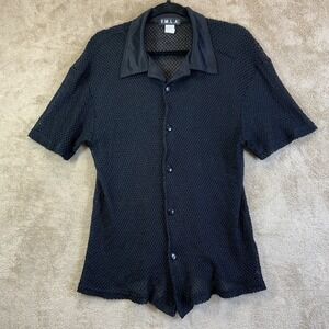 Vintage YMLA Shirt Mens L Button Up Short Sleeve Rave Club‎ Mesh Stretch EUC